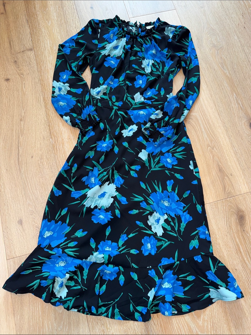 Black Floral Long-Sleeve Midi Dress in Blue & Teal